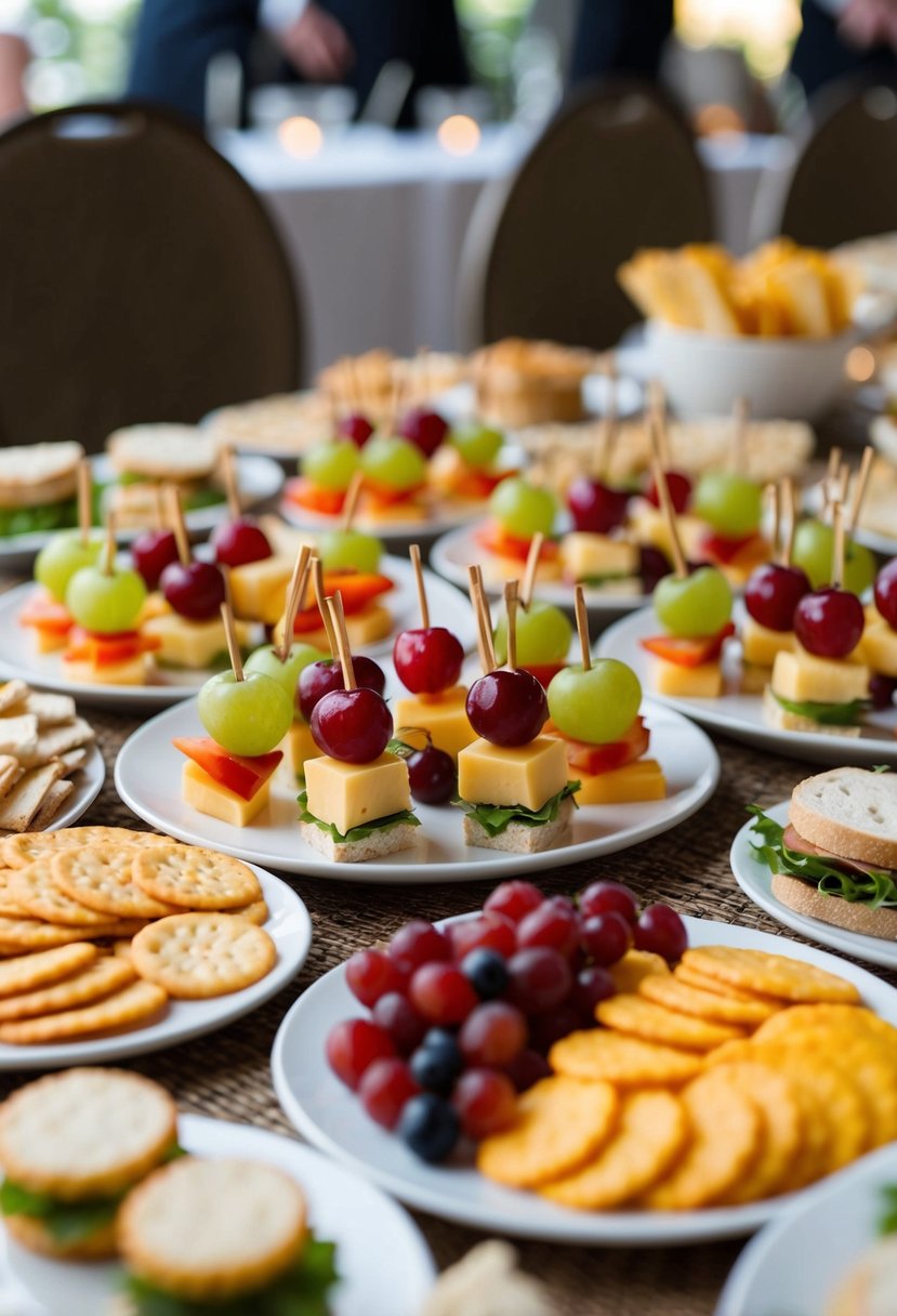 A table spread with an assortment of appetizers and snacks, including cheese and crackers, fruit skewers, and mini sandwiches