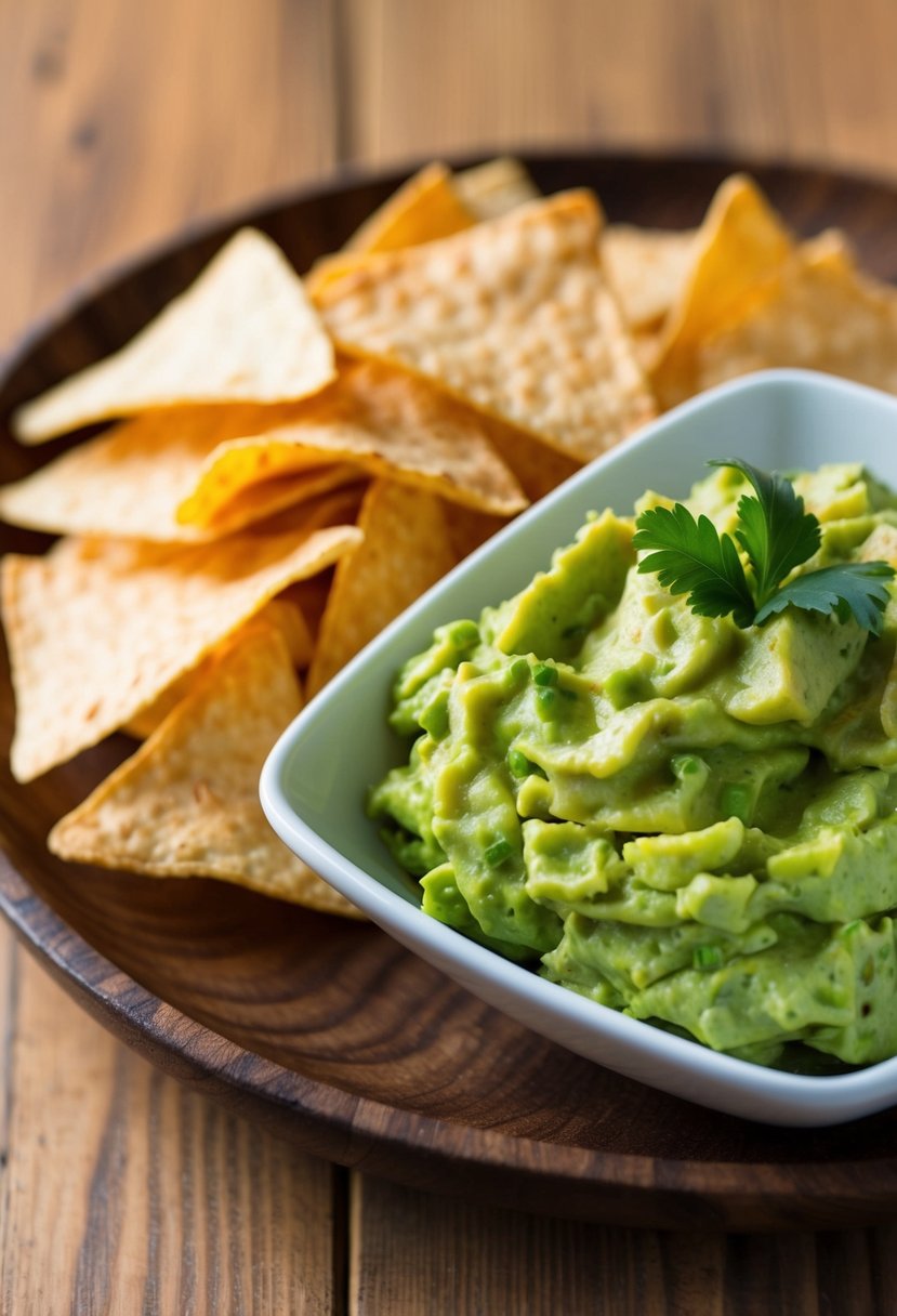 A bowl of fresh guacamole sits next to a pile of golden, crispy homemade tortilla chips on a wooden serving platter