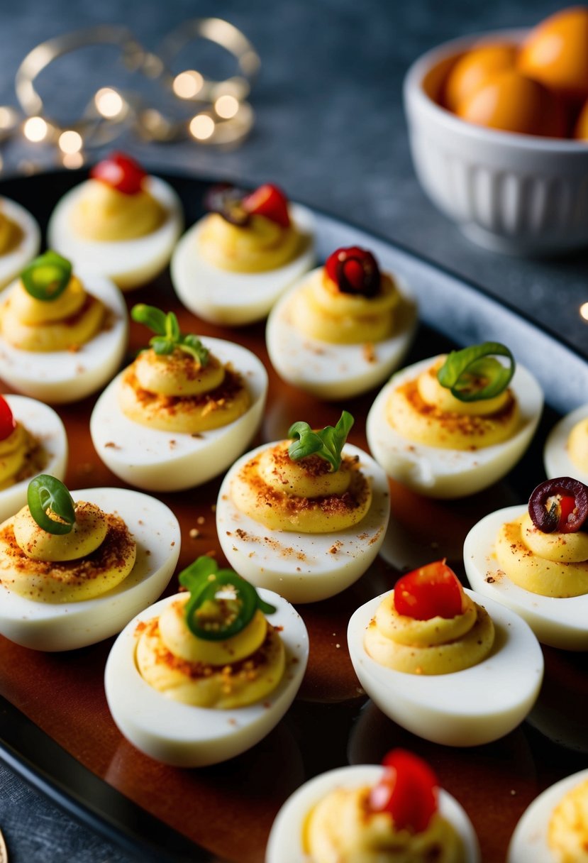 A platter of deviled eggs with unique toppings and garnishes