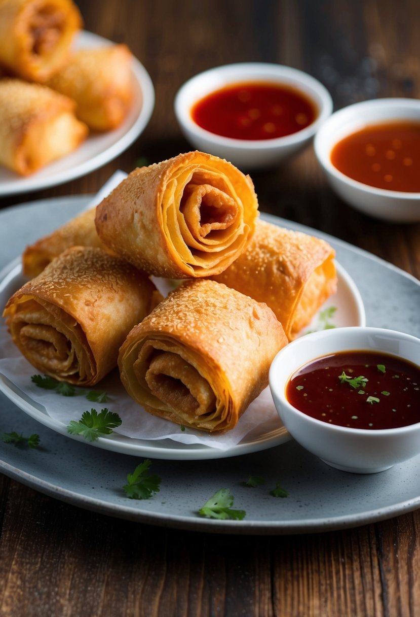 Golden, crispy egg rolls on a serving platter with dipping sauces