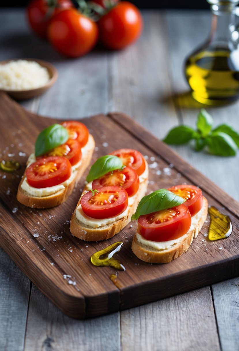 A rustic wooden board holds a spread of baked crostini topped with fresh tomato, basil, and olive oil