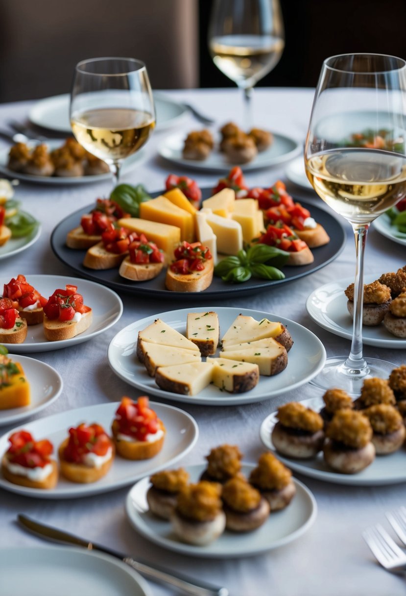 A table set with an assortment of appetizers, including bruschetta, cheese platter, and stuffed mushrooms, surrounded by wine glasses and small plates