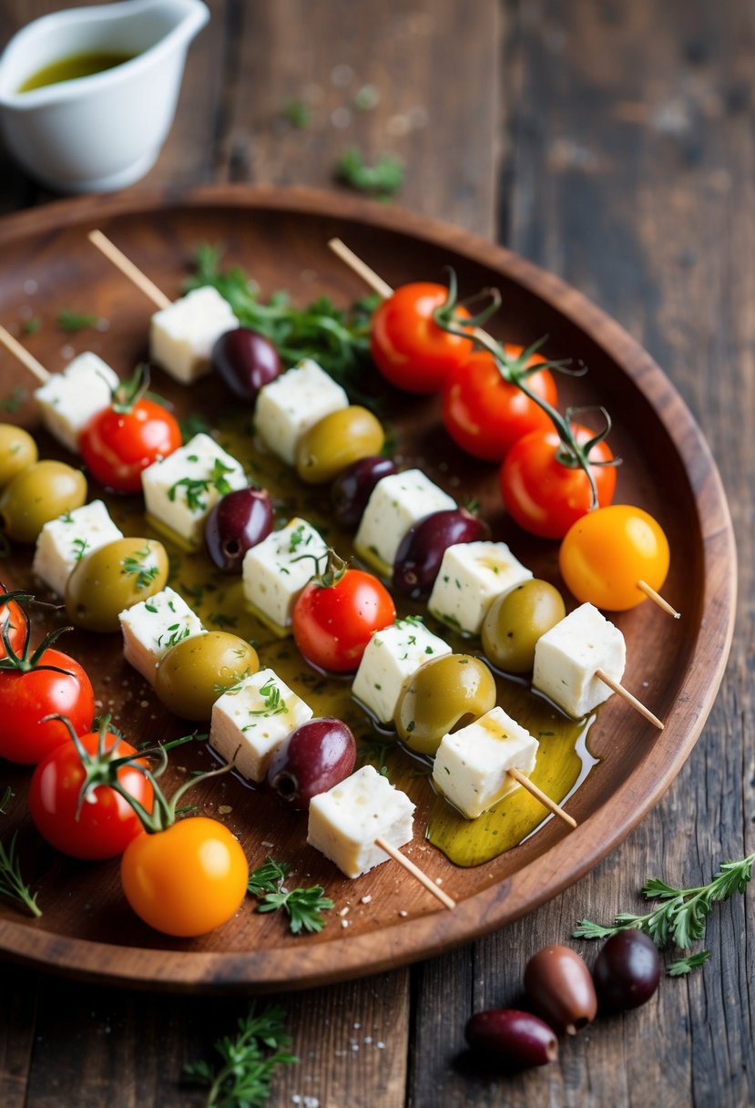 A rustic wooden platter holds a variety of Greek-inspired feta skewers, featuring colorful cherry tomatoes, olives, and chunks of creamy feta cheese. A drizzle of olive oil and a sprinkle of herbs add the finishing touch