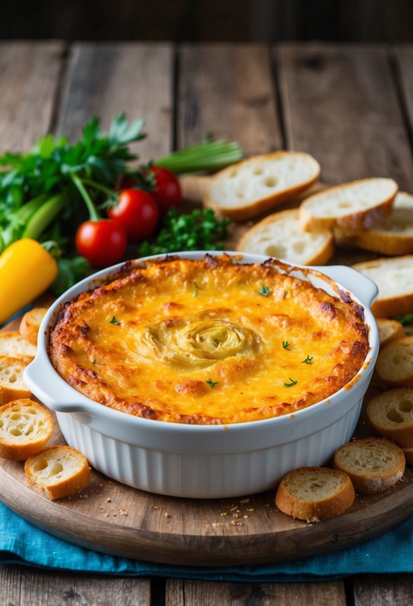 A bubbling, golden-brown dish of hot and cheesy artichoke dip sits on a rustic wooden table, surrounded by colorful vegetables and crispy bread slices