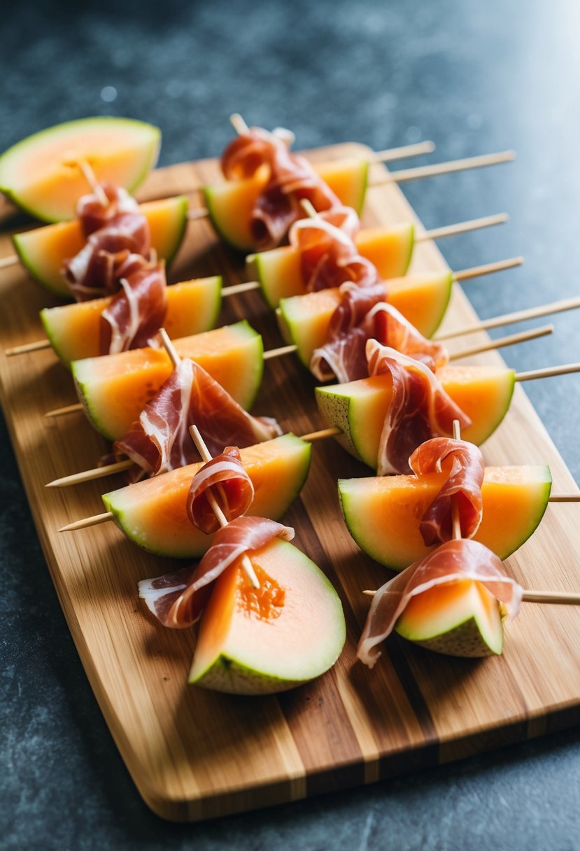 A wooden cutting board with sliced melon, prosciutto, and skewers arranged in a visually appealing manner