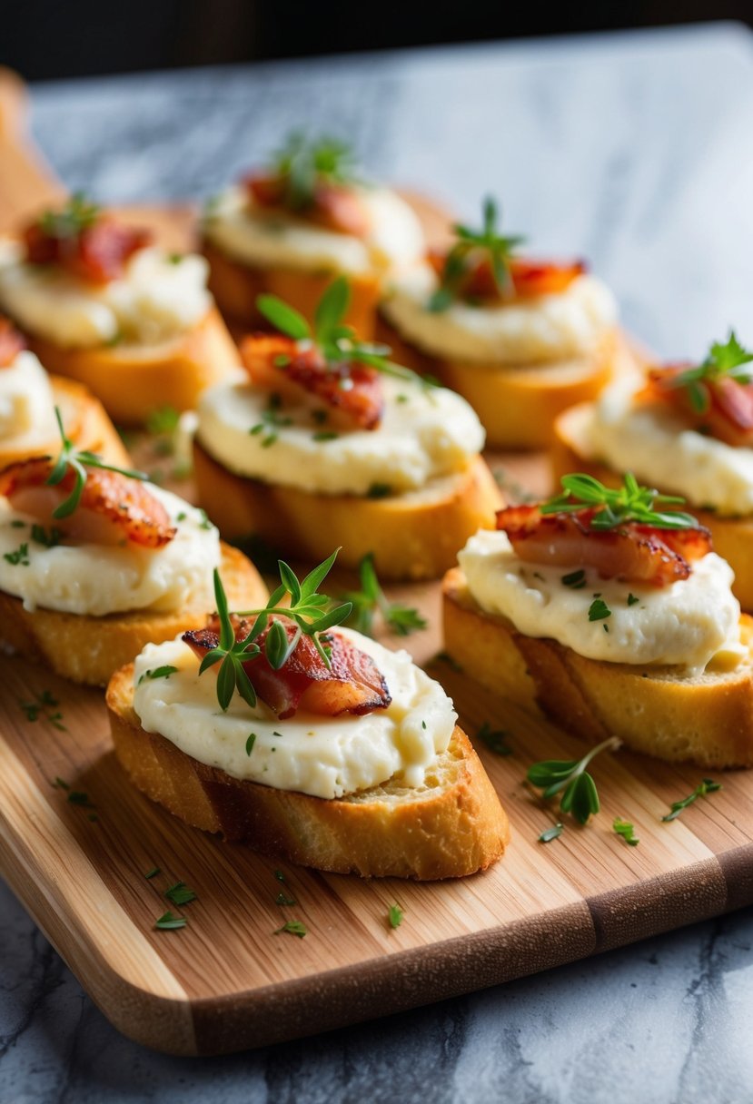 A platter of golden, toasted crostini topped with creamy almond-bacon cheese, garnished with fresh herbs and arranged on a wooden serving board