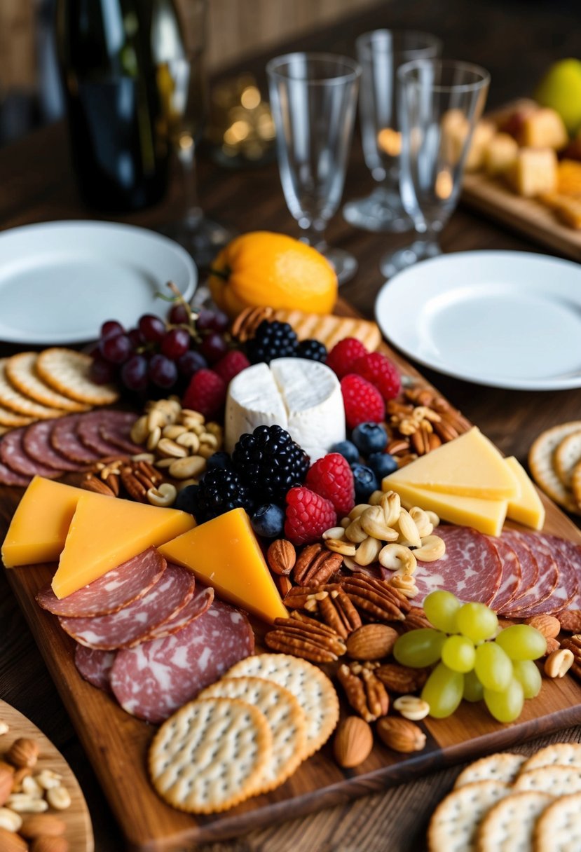 A wooden charcuterie board with an array of cured meats, cheeses, fruits, nuts, and crackers arranged in an artful and appetizing display