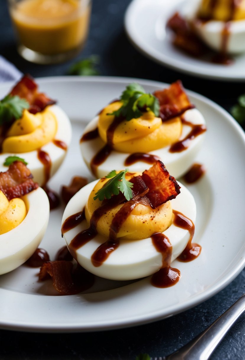 A platter of deviled eggs topped with crispy bacon and drizzled with chipotle sauce