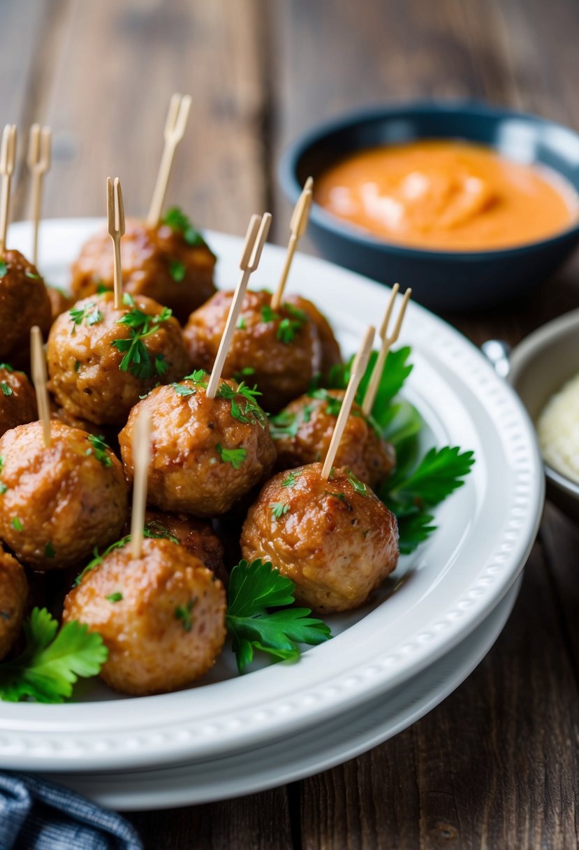 A platter of cocktail meatballs surrounded by toothpicks, garnished with parsley, and served with a side of dipping sauce