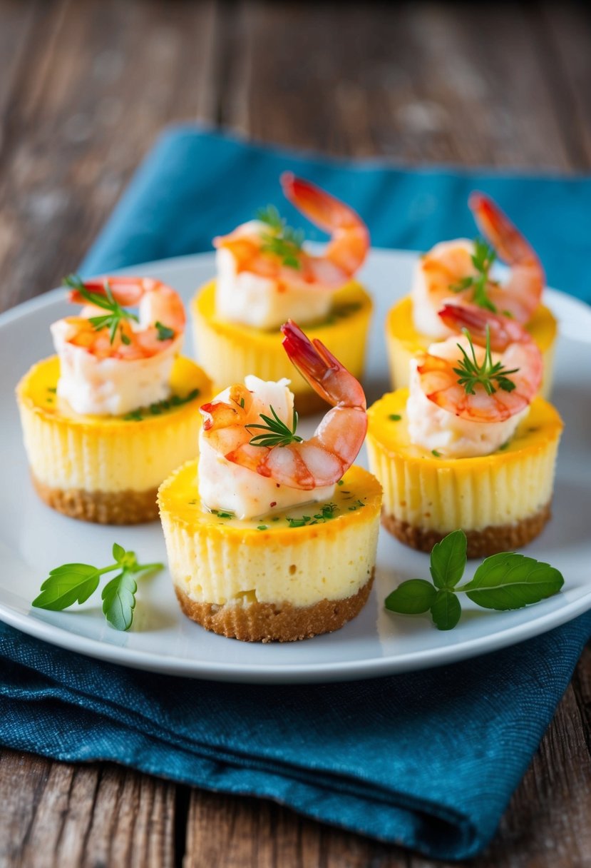 A plate of shrimp scampi cheesecake appetizers on a rustic wooden table with a sprig of fresh herbs as garnish