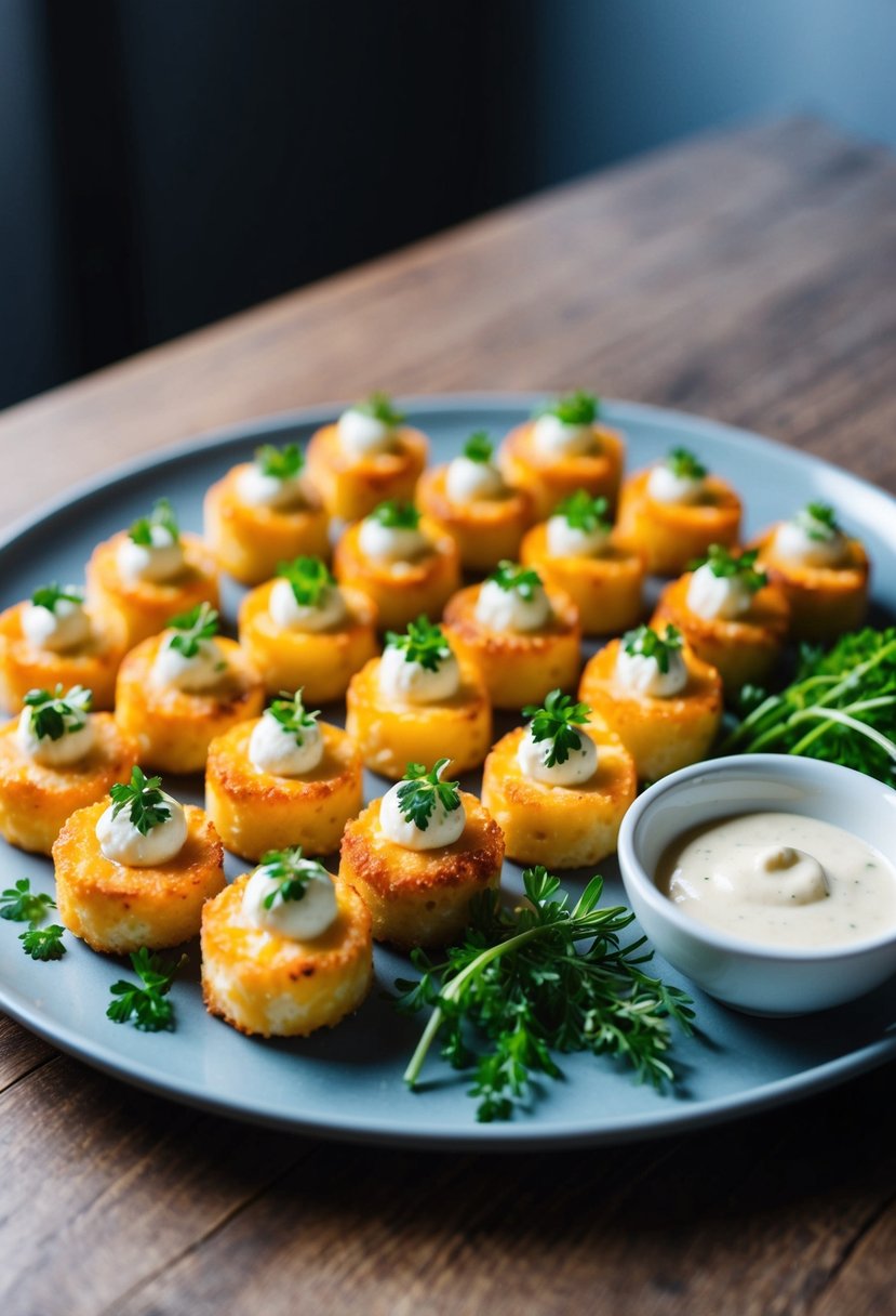 A platter of golden-brown cheese bites arranged with fresh herbs and a side of dipping sauce