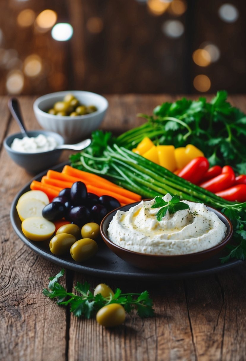 A rustic wooden table with a spread of colorful vegetables, olives, and a bowl of creamy whipped feta dip as the centerpiece