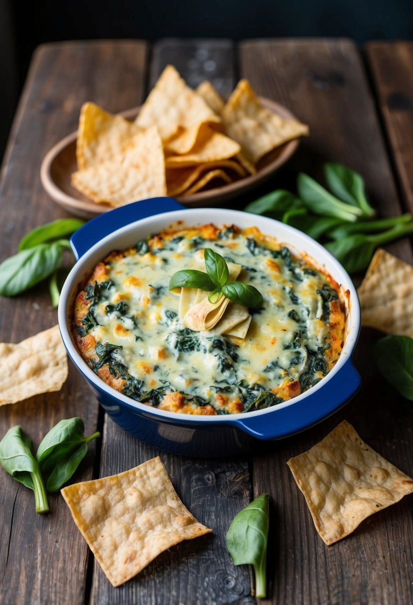 A bubbling dish of spinach and artichoke dip sits on a rustic wooden table, surrounded by crispy tortilla chips and fresh-cut vegetables