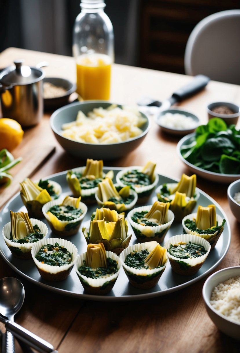 A table set with a platter of Spinach Artichoke Cups surrounded by fresh ingredients and cooking utensils