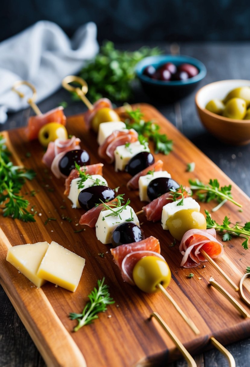 A trio of antipasto skewers arranged on a wooden serving board with olives, cheese, and cured meats, garnished with fresh herbs