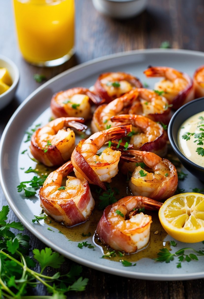 A platter of sizzling bacon-wrapped ginger shrimp, garnished with fresh herbs, served with a side of zesty dipping sauce