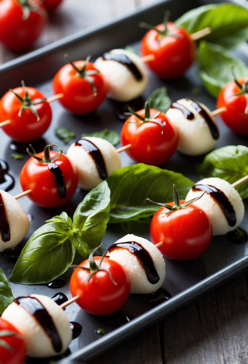 Fresh cherry tomatoes, mozzarella balls, and basil leaves skewered on toothpicks, drizzled with balsamic glaze