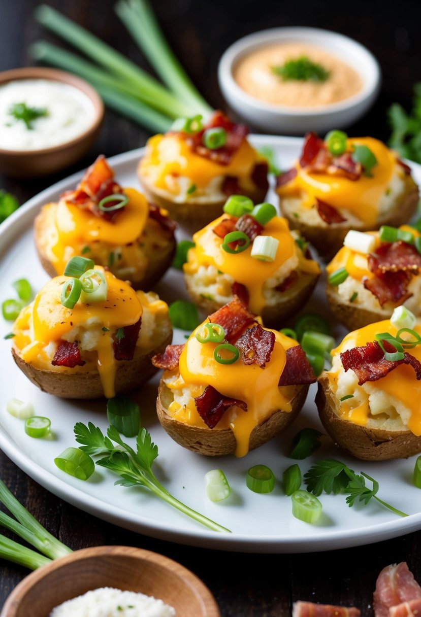 A platter of loaded potato bites, topped with cheese, bacon, and green onions, surrounded by dipping sauces and garnished with fresh herbs