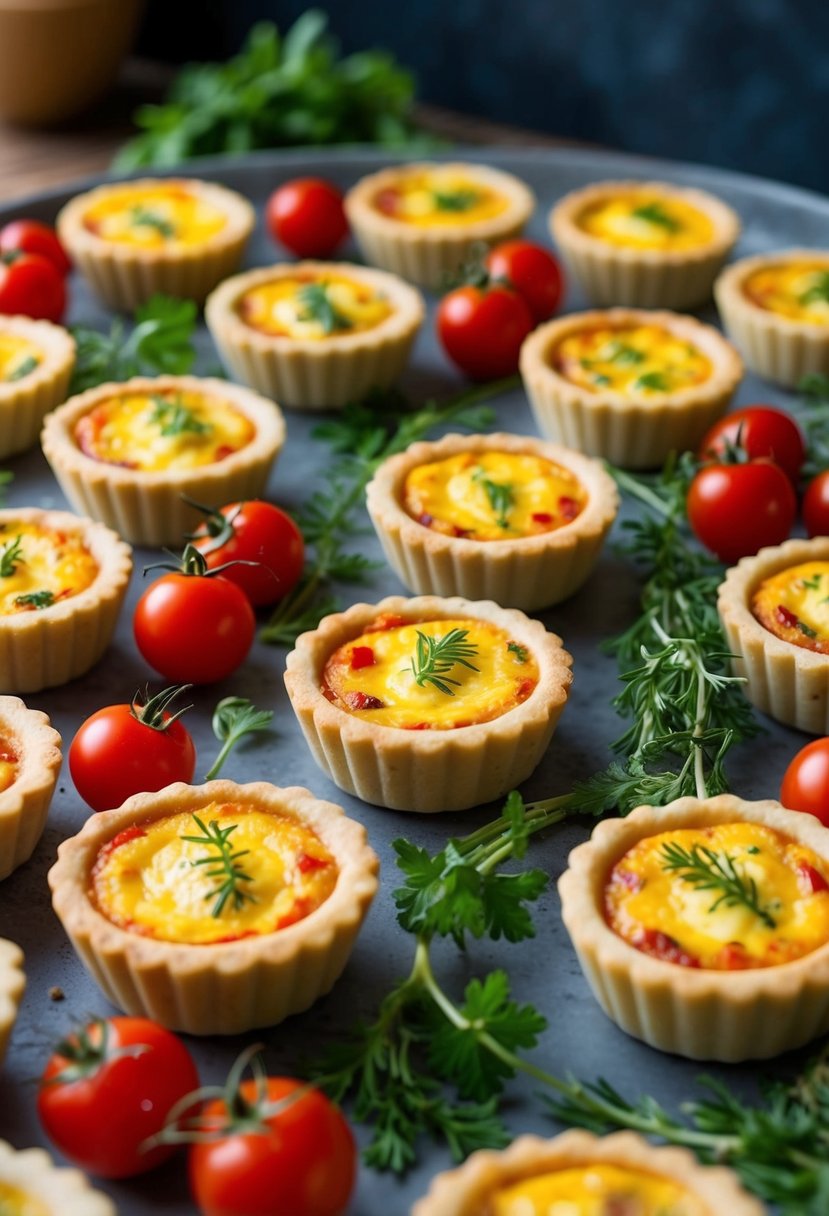 A platter of miniature cheese quiches surrounded by fresh herbs and cherry tomatoes