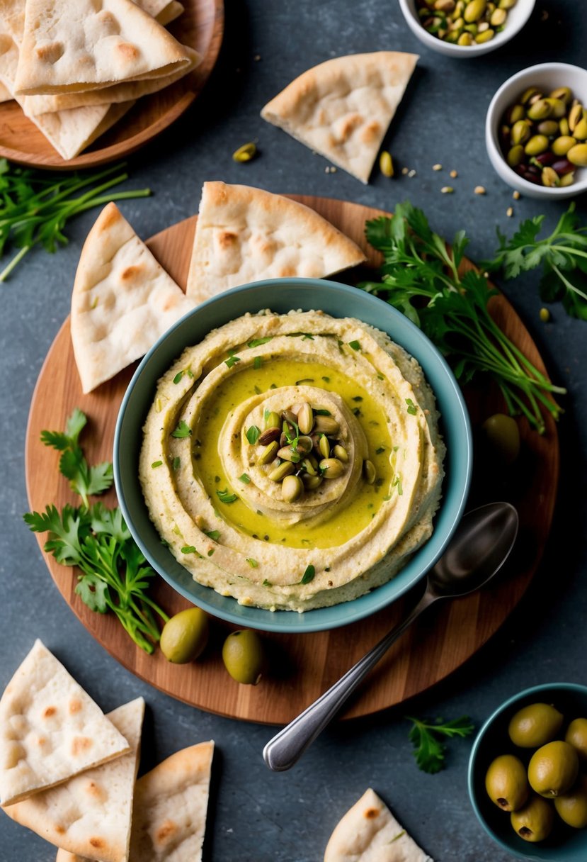 A bowl of pistachio hummus surrounded by pita bread, olives, and fresh herbs on a wooden serving board