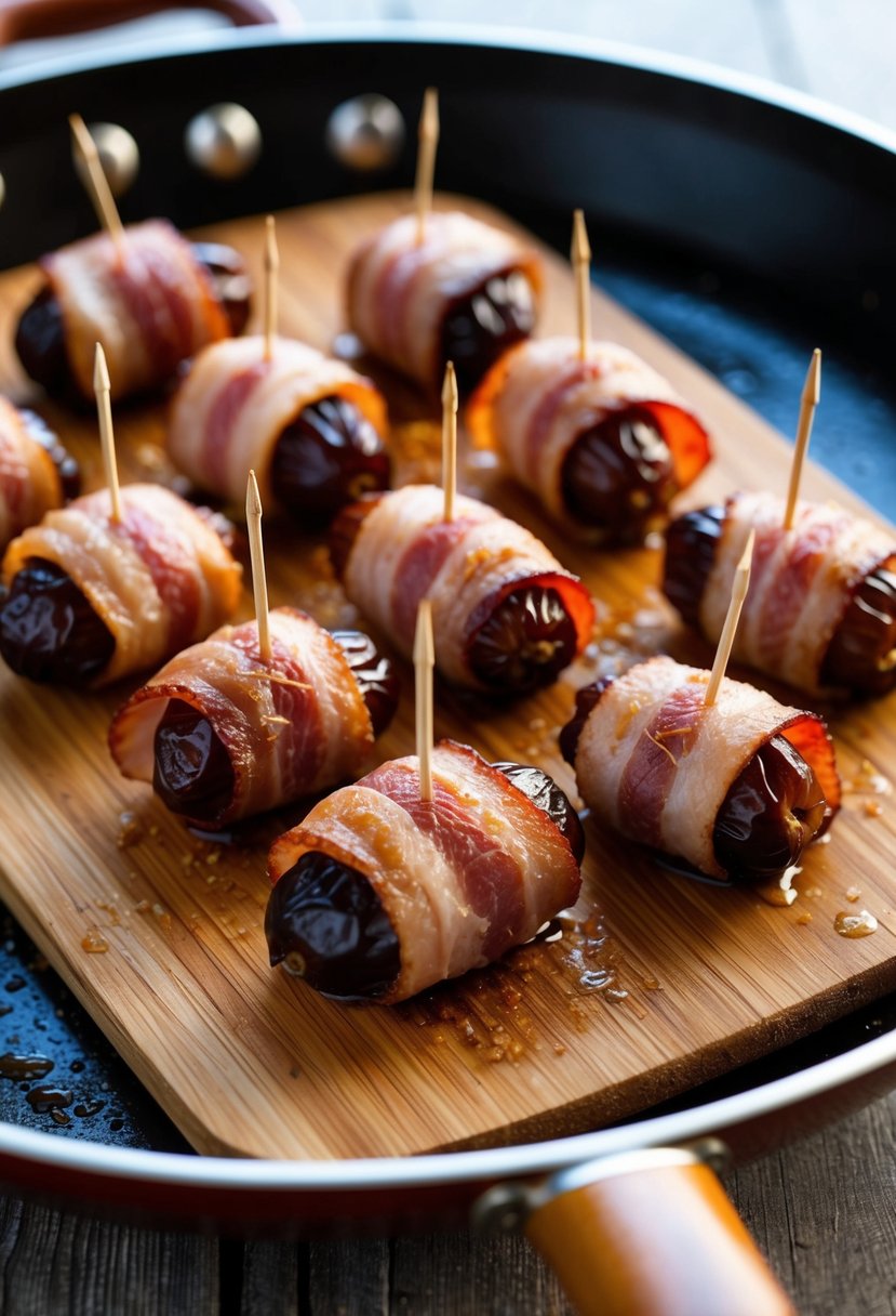 Dates wrapped in bacon, sizzling in a pan. Placed on a wooden serving board with toothpicks