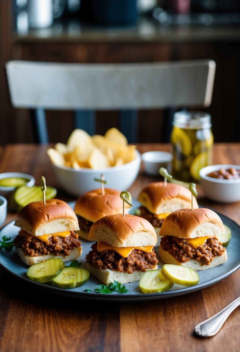 A platter of Sloppy Joe Sliders surrounded by pickles and chips on a wooden table