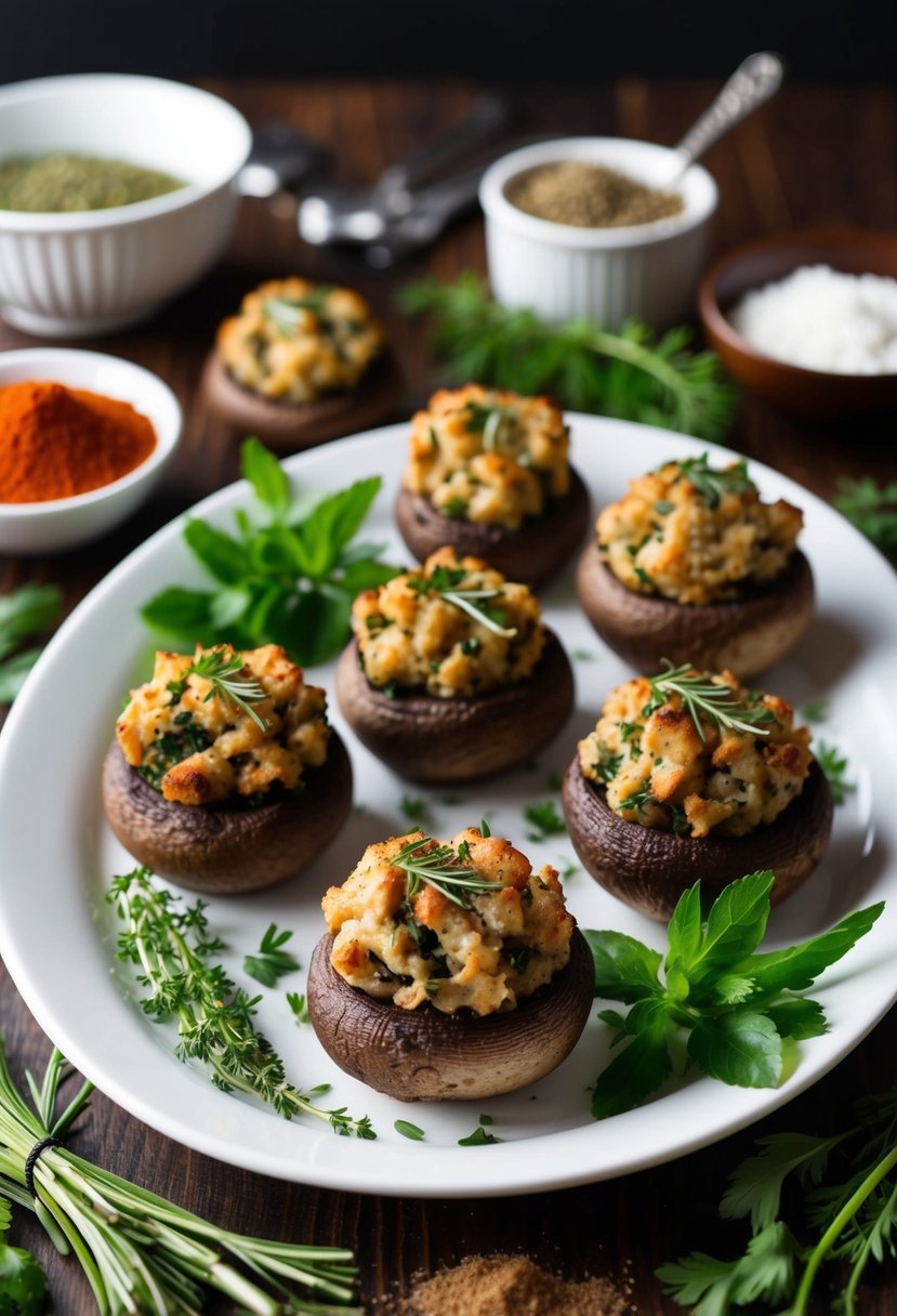 A platter of stuffed mushroom caps surrounded by fresh herbs and spices