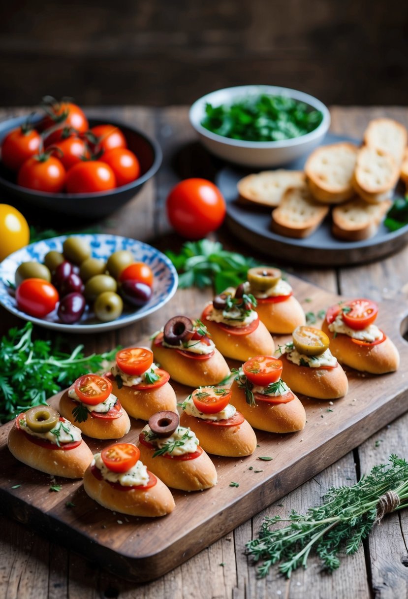 A rustic wooden table with a variety of Italian Party Bread appetizers, surrounded by colorful ingredients like tomatoes, olives, and herbs