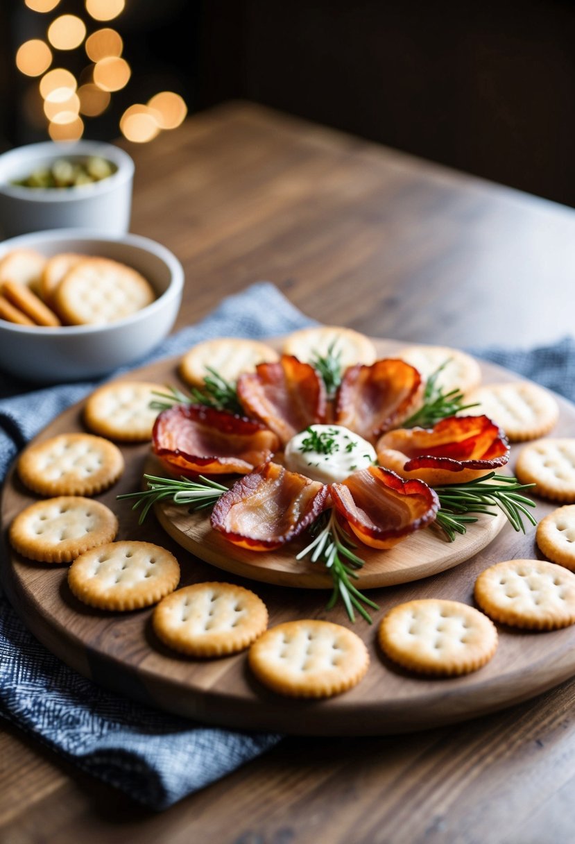 A platter of bacon bow tie crackers arranged with garnishes and dips on a wooden board