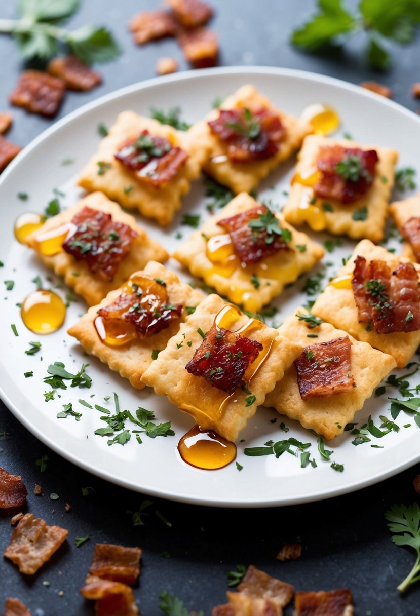 A plate of candied bacon crackers arranged with a drizzle of honey and sprinkled with chopped herbs, surrounded by a scattering of crispy bacon bits