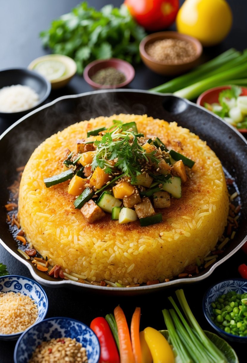 A sizzling skillet of crispy rice topped with savory okonomiyaki-inspired ingredients, surrounded by a colorful array of fresh vegetables and traditional Japanese seasonings