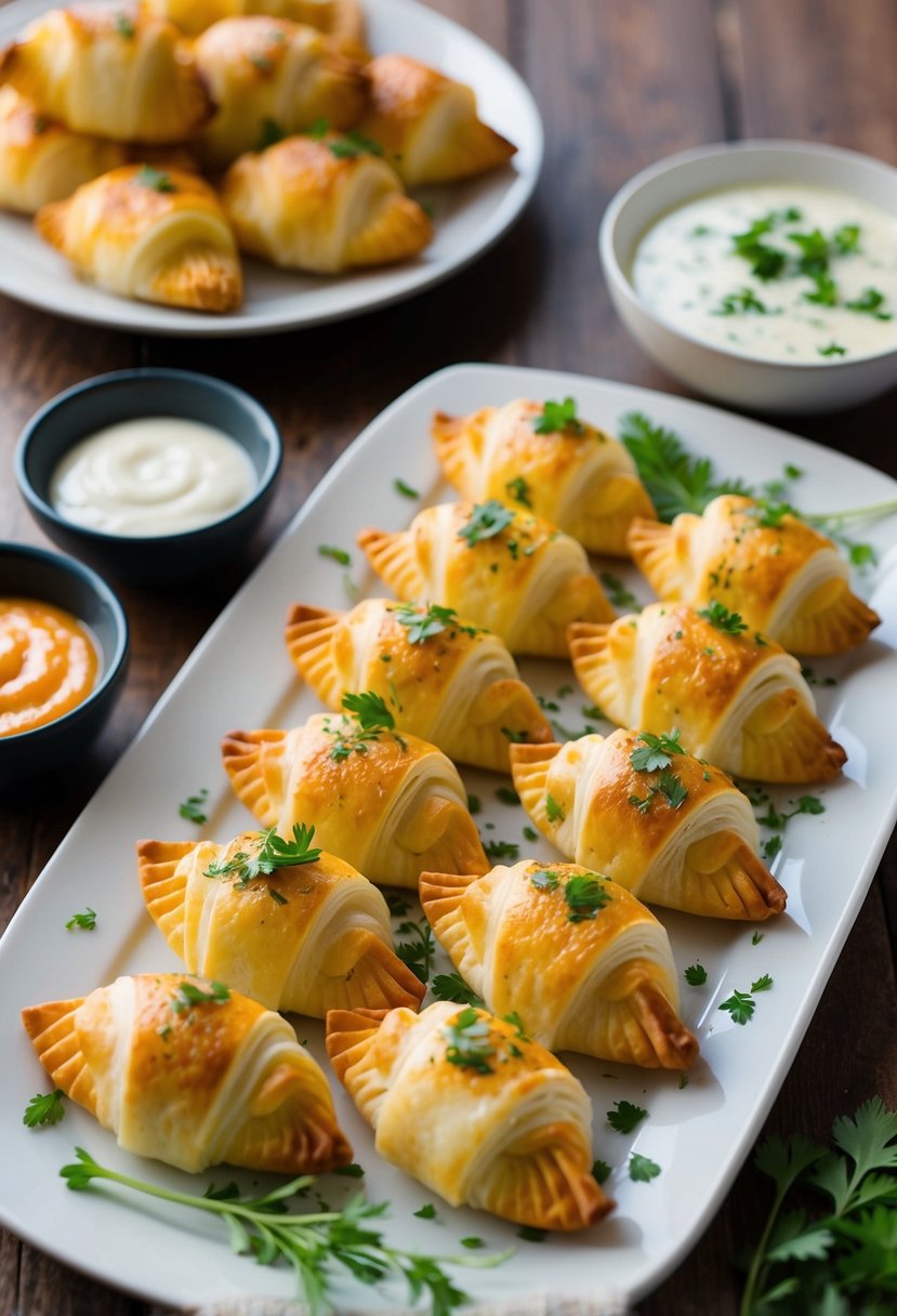 A table set with a platter of golden, flaky cheese borek appetizers, garnished with fresh herbs and accompanied by a side of dipping sauce