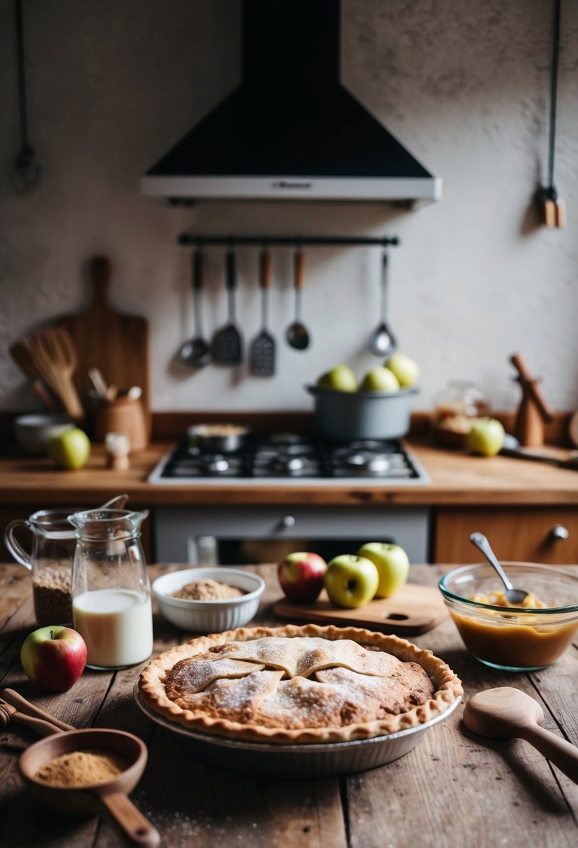 A rustic kitchen table with ingredients and tools for baking apple pie