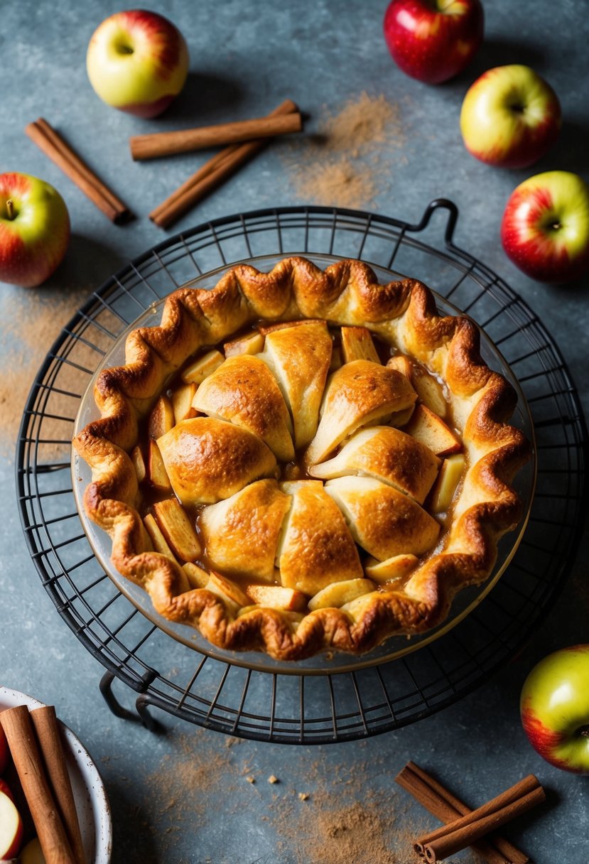 A rustic kitchen table with a golden-brown, bubbling apple pie cooling on a wire rack, surrounded by scattered cinnamon sticks and fresh apples