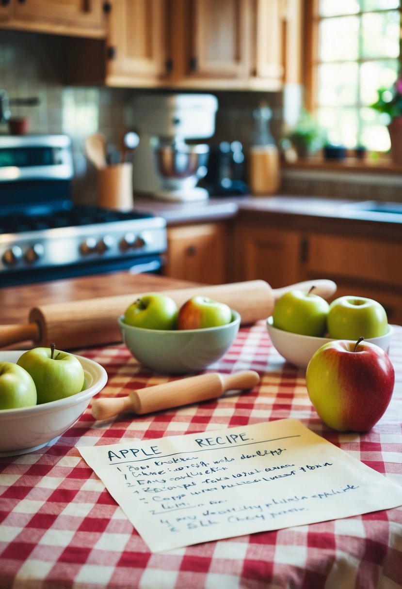 A rustic kitchen with a checkered tablecloth, a rolling pin, a bowl of apples, and a handwritten recipe for apple pie