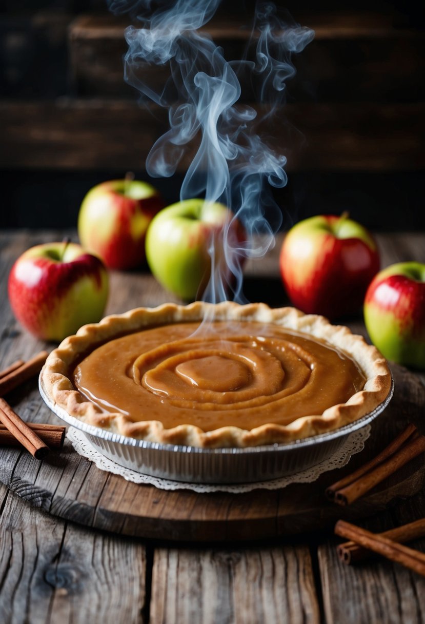 A steaming caramel apple cider pie sits on a rustic wooden table, surrounded by fresh apples and cinnamon sticks