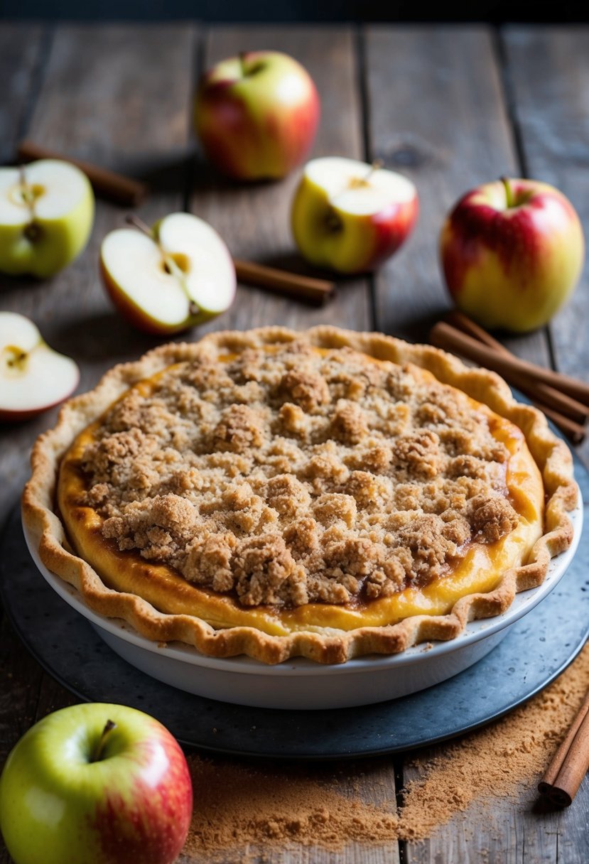 A golden-brown Dutch apple pie, topped with a crumbly streusel, sits on a rustic wooden table, surrounded by scattered apple cores and a dusting of cinnamon