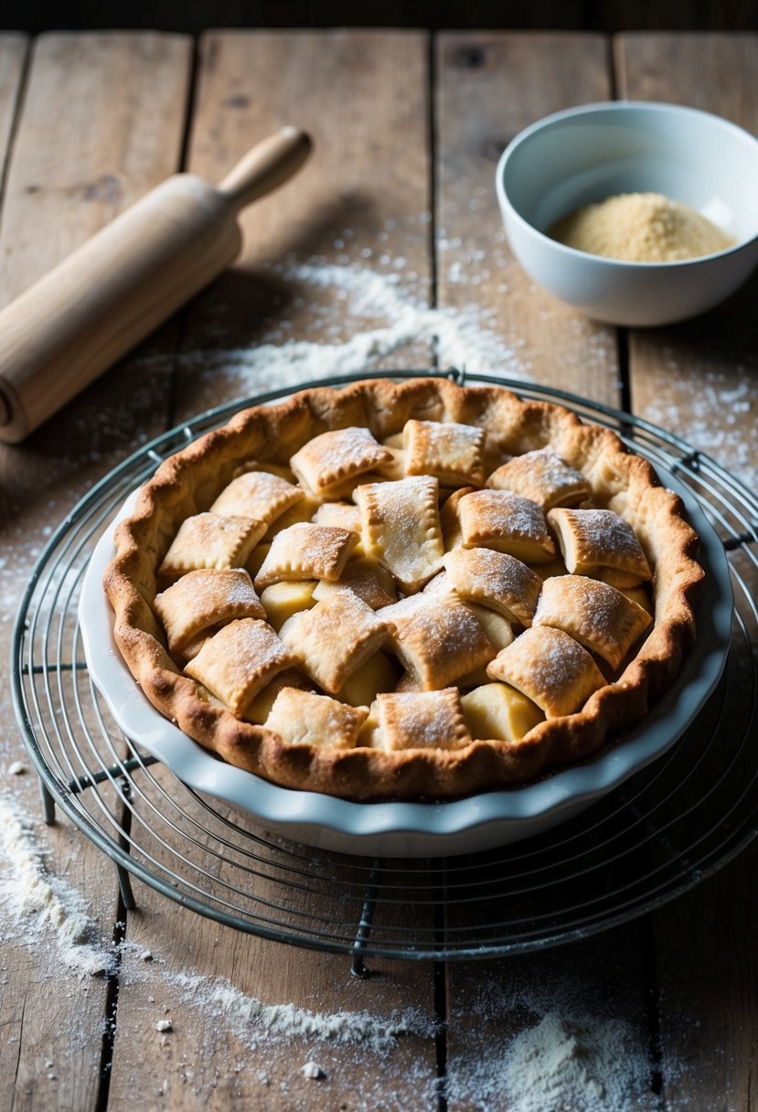 A rustic kitchen table with a freshly baked apple pie cooling on a wire rack, surrounded by scattered flour and a rolling pin