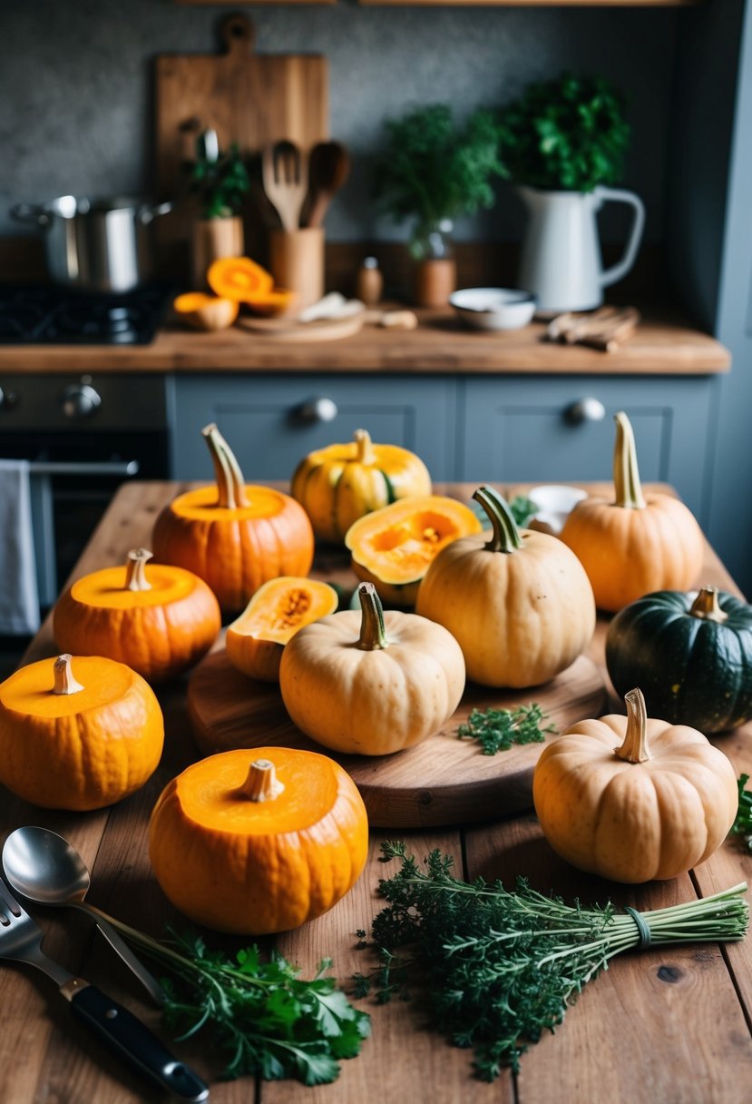 A rustic kitchen with a wooden table holding a variety of butternut squash, surrounded by cooking utensils and fresh herbs