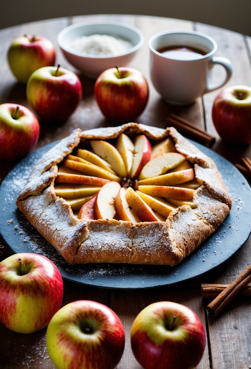 A rustic apple galette sits on a wooden table, surrounded by fresh apples, cinnamon sticks, and a sprinkle of flour