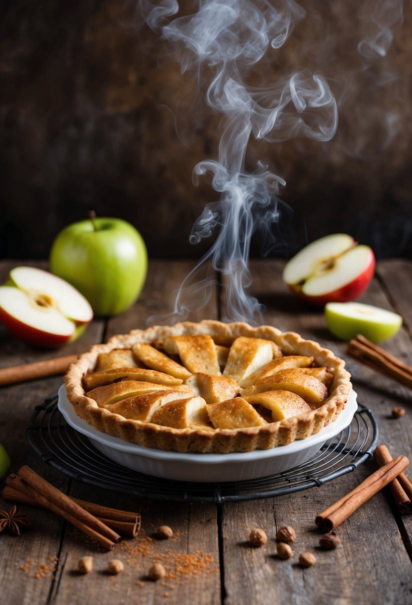 A steaming spiced chai apple pie cooling on a rustic wooden table, surrounded by scattered cinnamon sticks and sliced apples