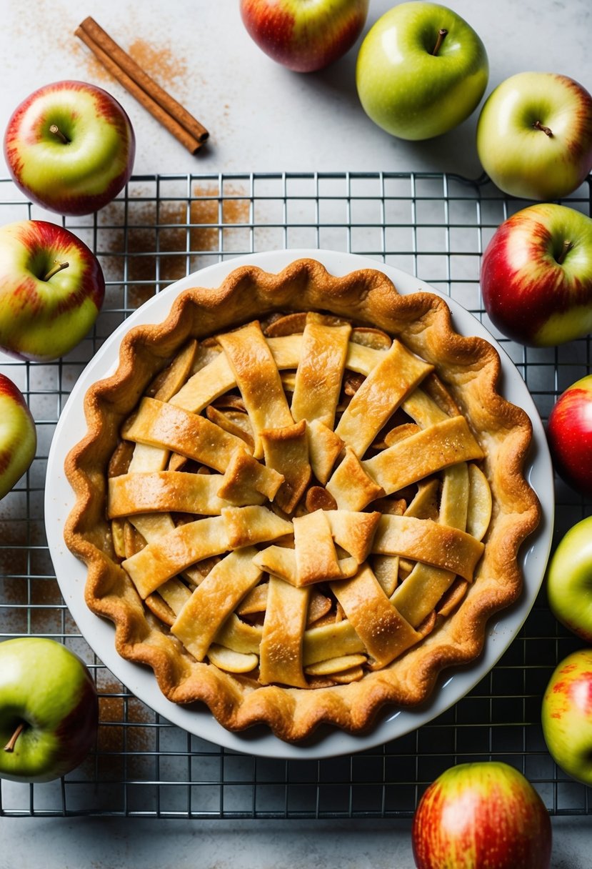 A golden-brown vegan apple pie cooling on a wire rack, surrounded by freshly picked apples and a sprinkle of cinnamon