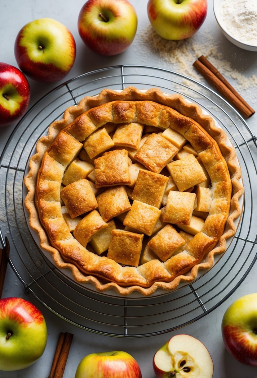 A golden-brown apple pie cooling on a wire rack, surrounded by fresh apples, cinnamon sticks, and a scattering of gluten-free flour