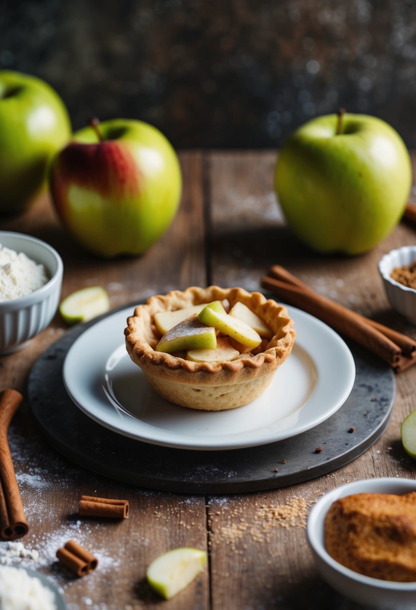 A rustic kitchen table with a mini handheld apple pie, surrounded by scattered ingredients like apples, cinnamon, and flour