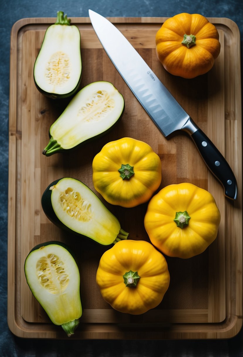 Fresh squash and zucchini arranged on a wooden cutting board with a chef's knife