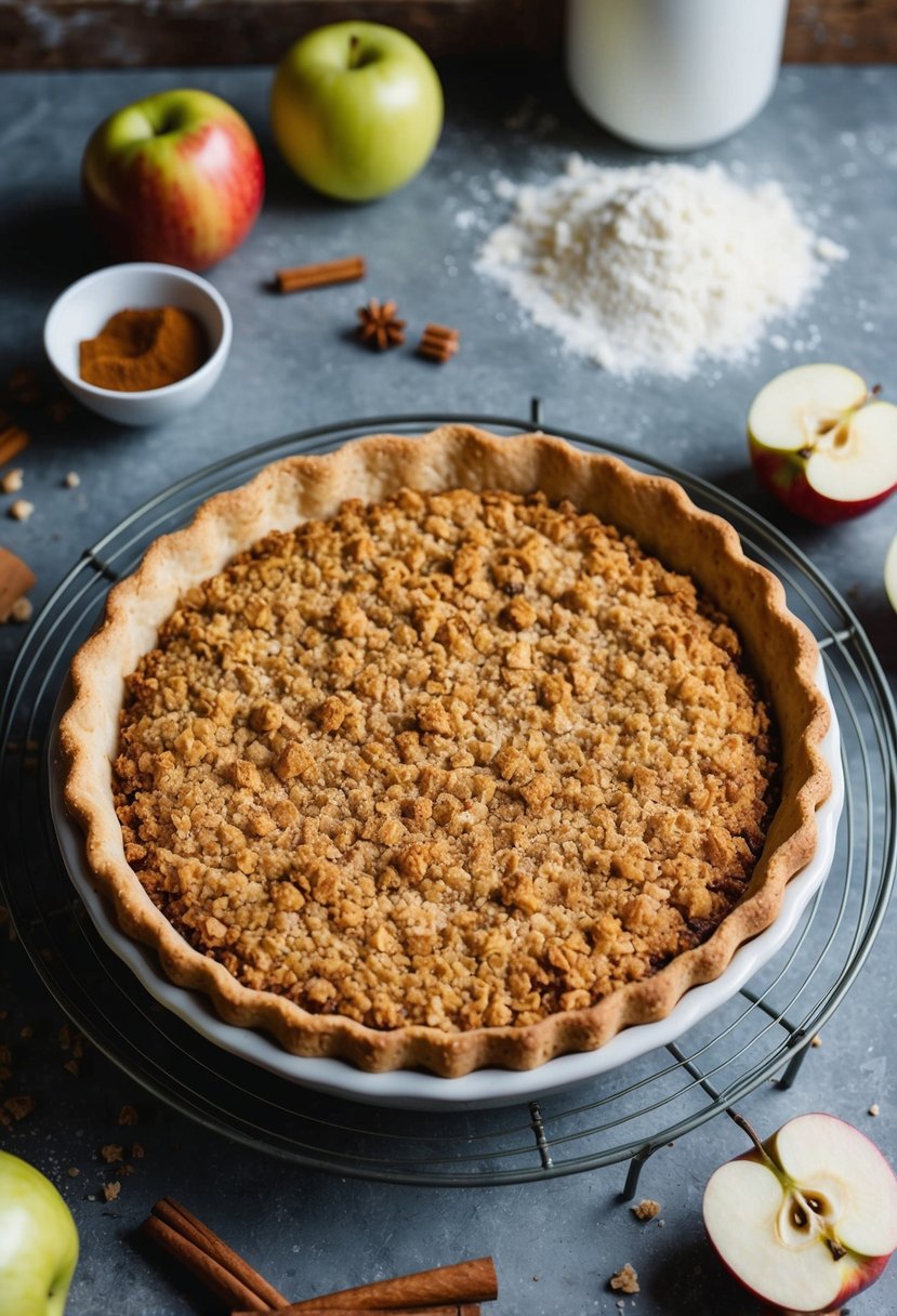 A rustic kitchen counter with a freshly baked apple crumble pie cooling on a wire rack, surrounded by scattered ingredients like apples, cinnamon, and flour