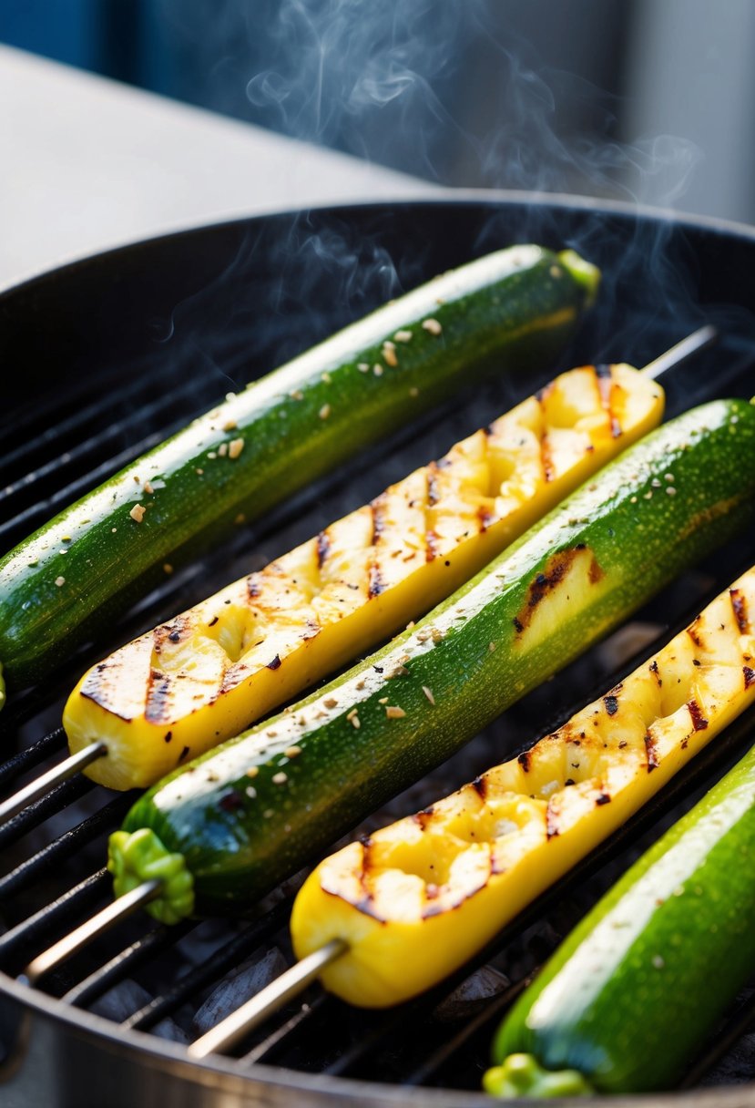 A sizzling grill with skewers of vibrant green zucchini and yellow squash, charred and glistening with seasoning