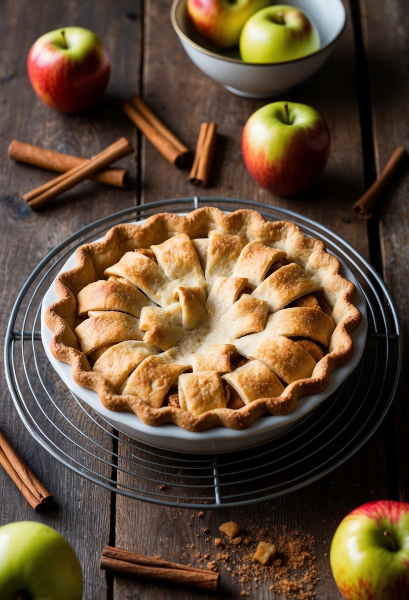 A rustic kitchen table with a freshly baked no-sugar-added apple pie cooling on a wire rack, surrounded by scattered cinnamon sticks and whole apples