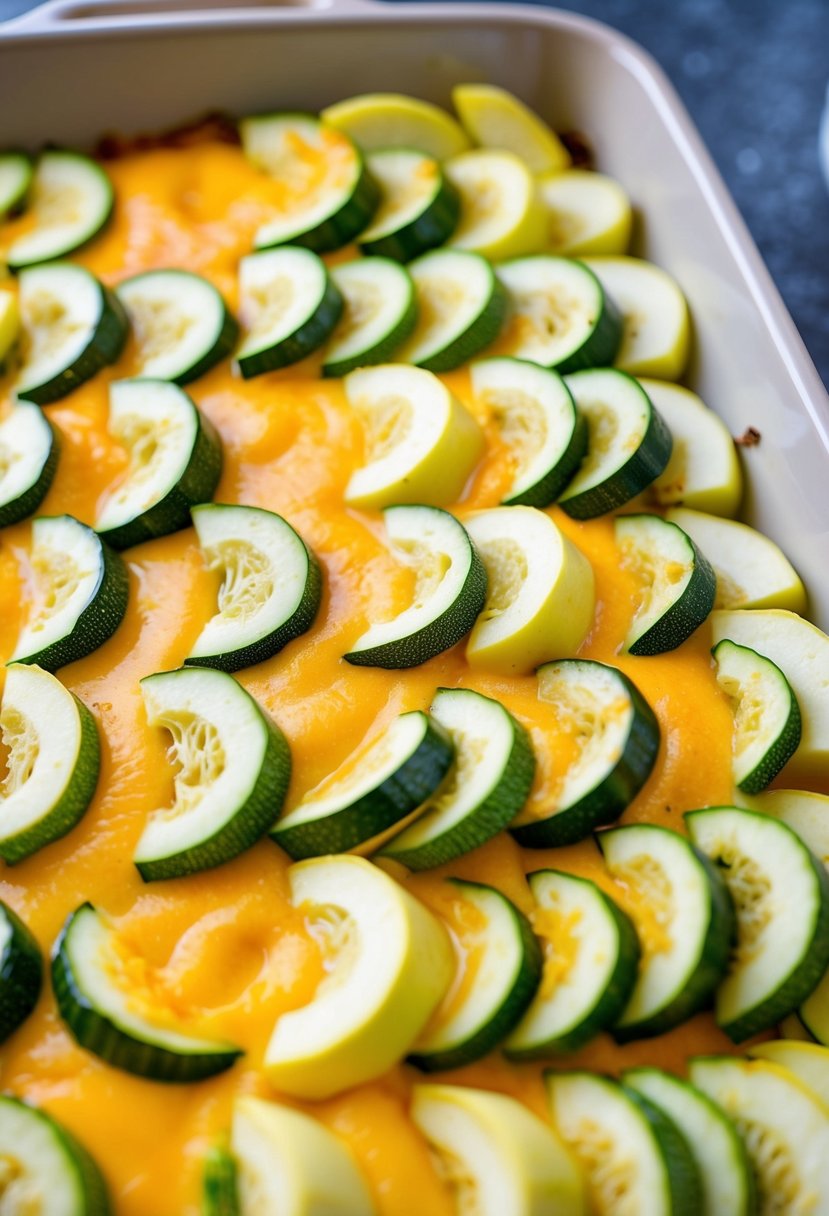 A colorful array of sliced zucchini and squash layered with creamy cheese sauce in a baking dish