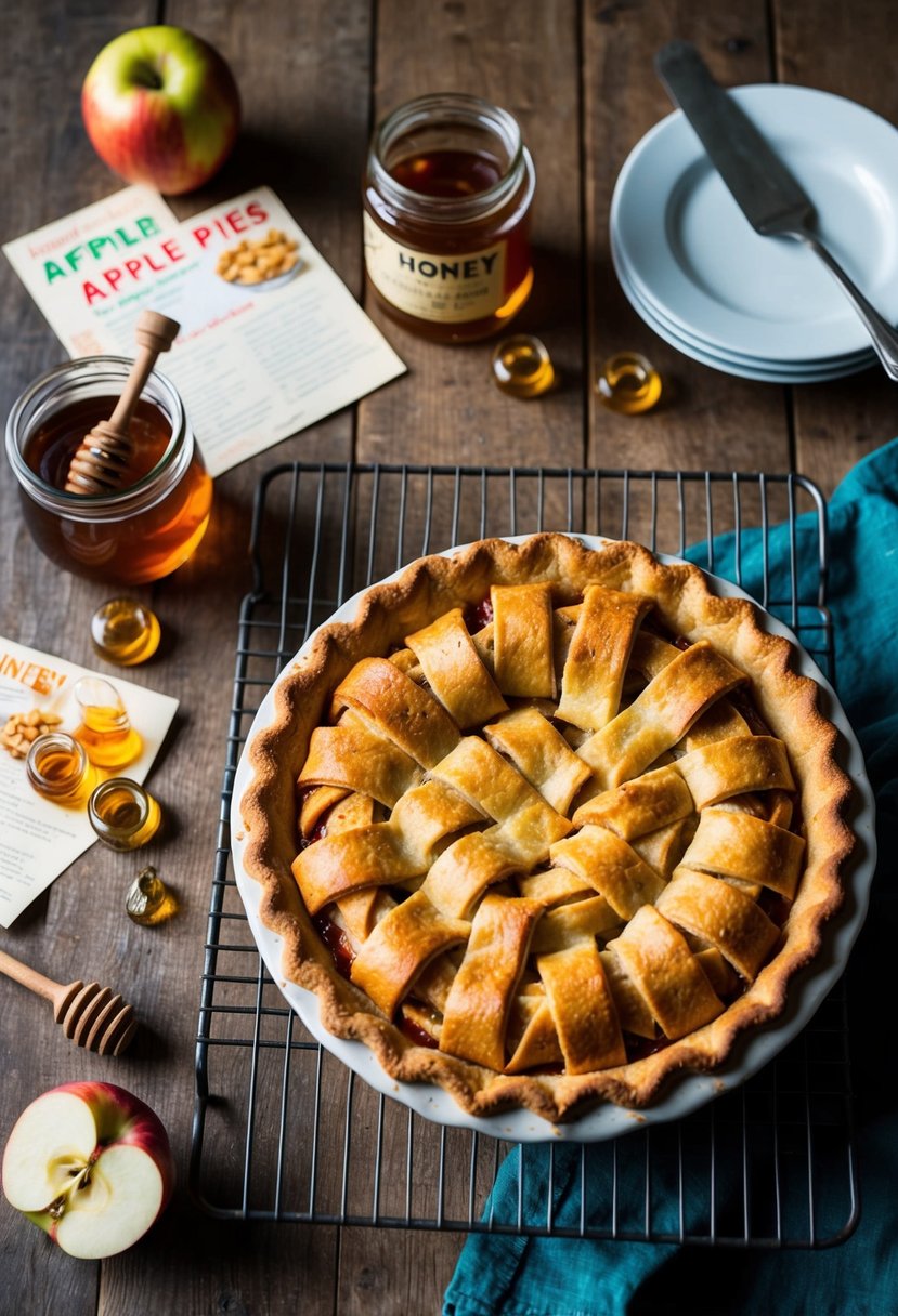 A rustic kitchen table with a freshly baked honey-bourbon apple pie cooling on a wire rack, surrounded by scattered apple pie recipes and a jar of honey